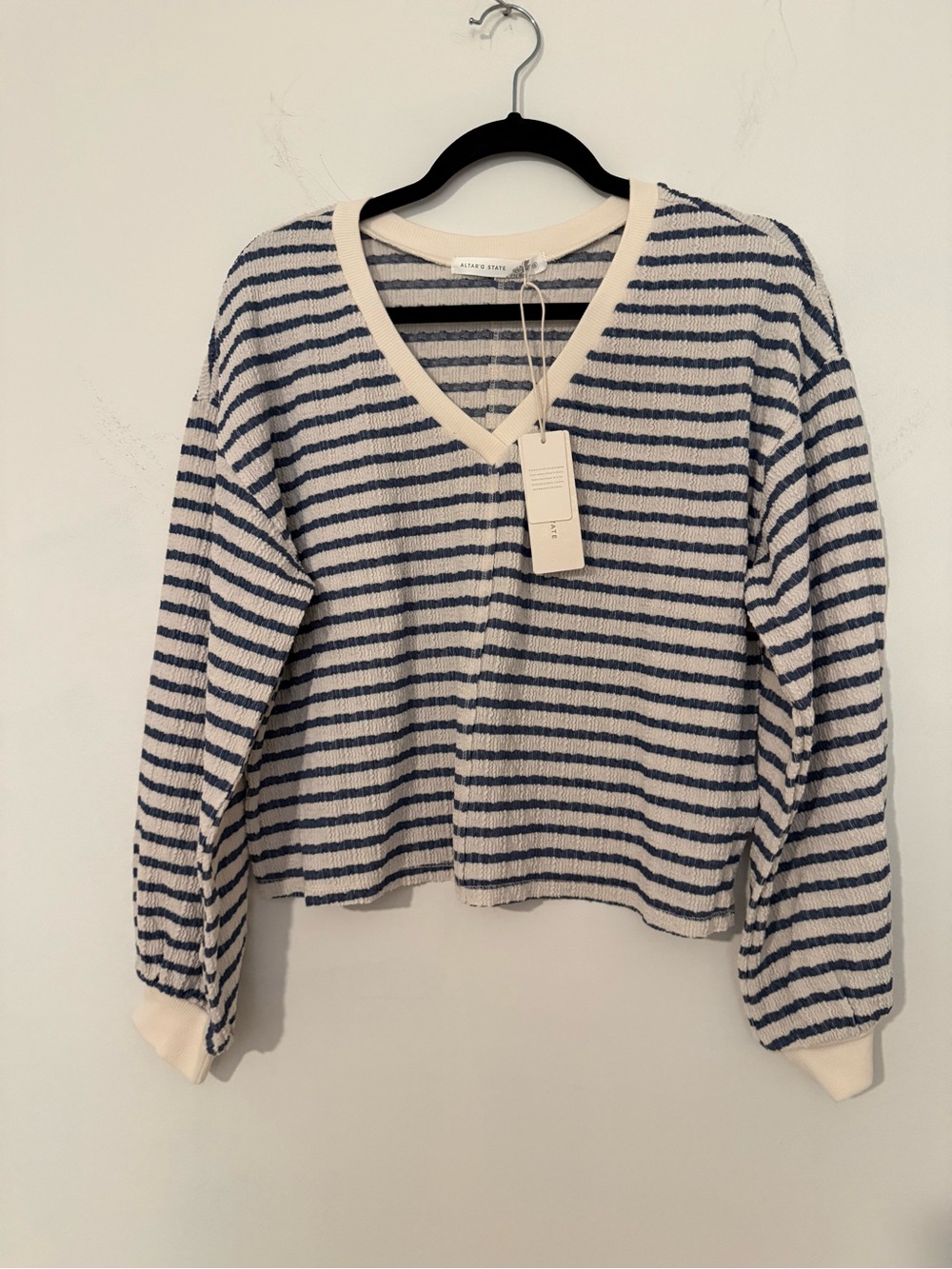 Altar'd State Navy & Cream Striped V-Neck Sweater NWT